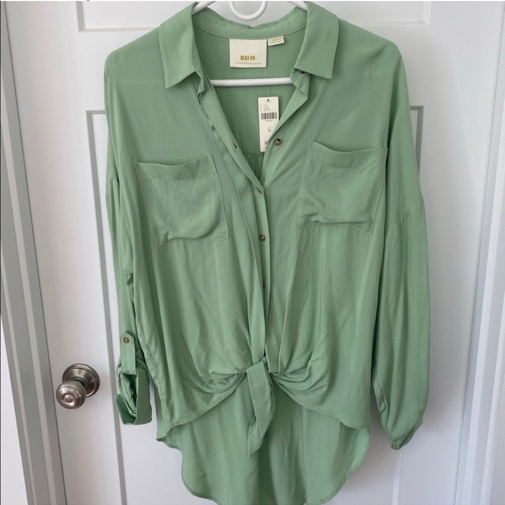 Anthropologie Maeve Front-Tie Sandbridge Shirt Tunic Top Blouse Green
